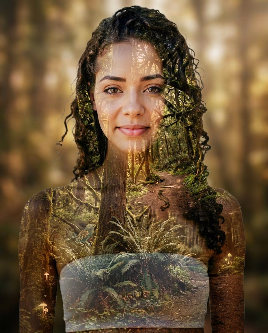 Create a double exposure effect blending the subject with . Artistic and visual…