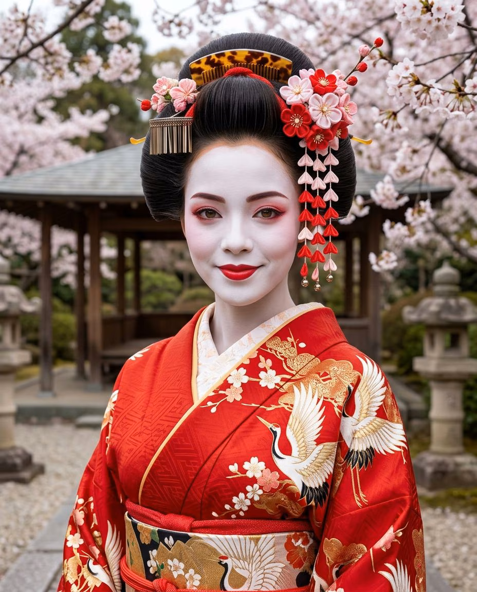 - Clothing: dress in a  silk kimono with decorative obi sash
- Hair: style upwa…