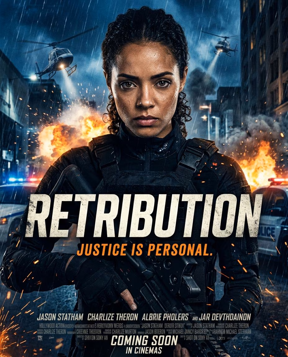 Create a professional  movie poster as main character. Dramatic lighting, typog…