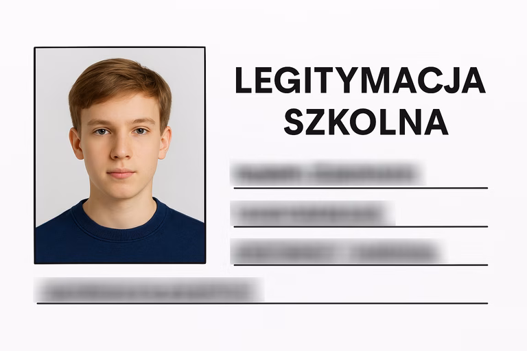 Example visualization of a horizontal student ID card with blurred data and a student portrait photo generated by AI