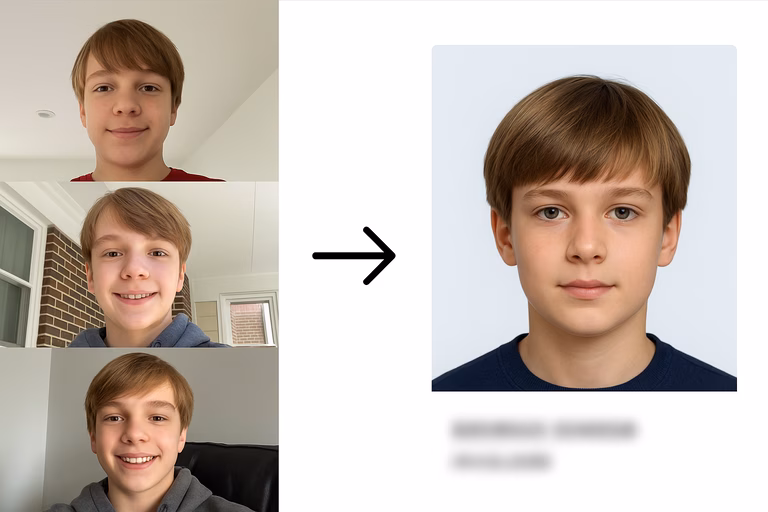 Comparison graphic: on the left, three different student selfies in casual conditions, on the right, one student ID photo generated by AI on a bright background with a neutral facial expression