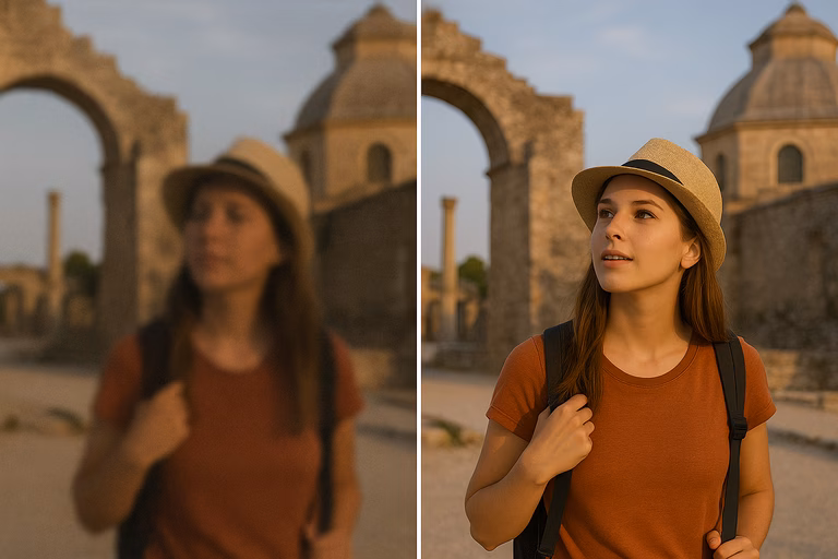 Comparison of two photos of a woman visiting monuments: on the left a blurry and dark low-quality photo, on the right the same photograph enhanced by AI – clear face, natural colors and sharp scenery