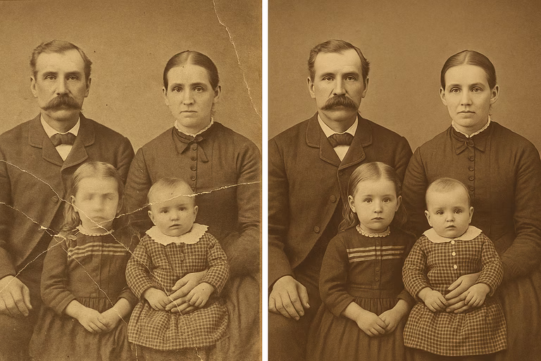 Comparison of two 19th-century family photographs: on the left, a damaged photo with creases and white lines, on the right, the same photograph restored by AI – clear faces of parents and children with damage removed