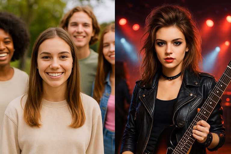 Photo comparison of a young girl: on the left she stands with friends in a park, smiling and natural, on the right the same person transformed by AI as a rock star on stage in a leather jacket with a guitar.