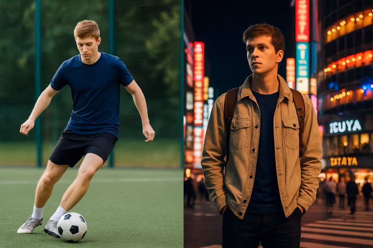 Comparison of photos of a young boy: on the left playing soccer on a field, on the right the same person in a travel style, standing at night on a Tokyo street among neon lights.**