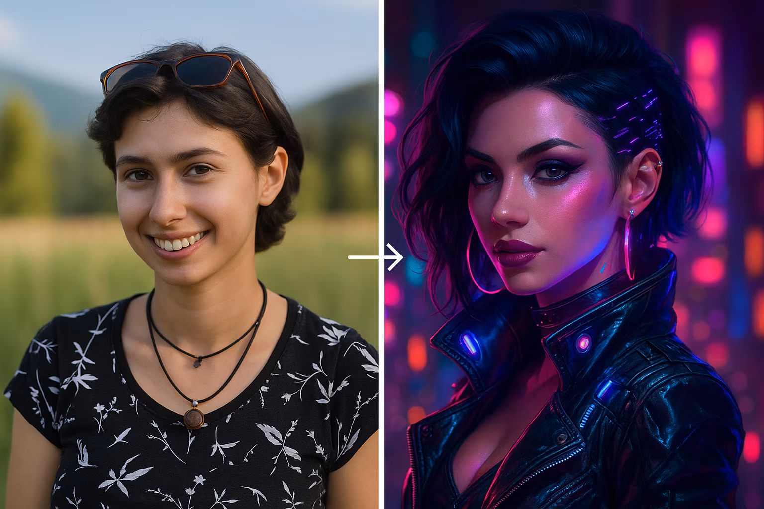 Comparison of a young woman's photo with a cyberpunk version generated by AI – neon lighting, cyber hairstyle and futuristic makeup.