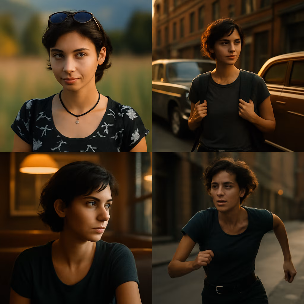 Collage of 4 photos of a young woman created by AI – looking at camera, walking down the street, sitting in a café and running down an alley; all in cinematic aesthetics.