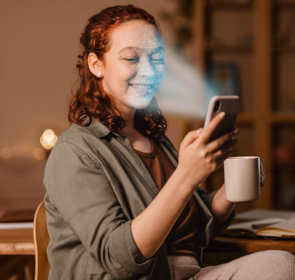 Woman using AI image generator based on photo in home environment