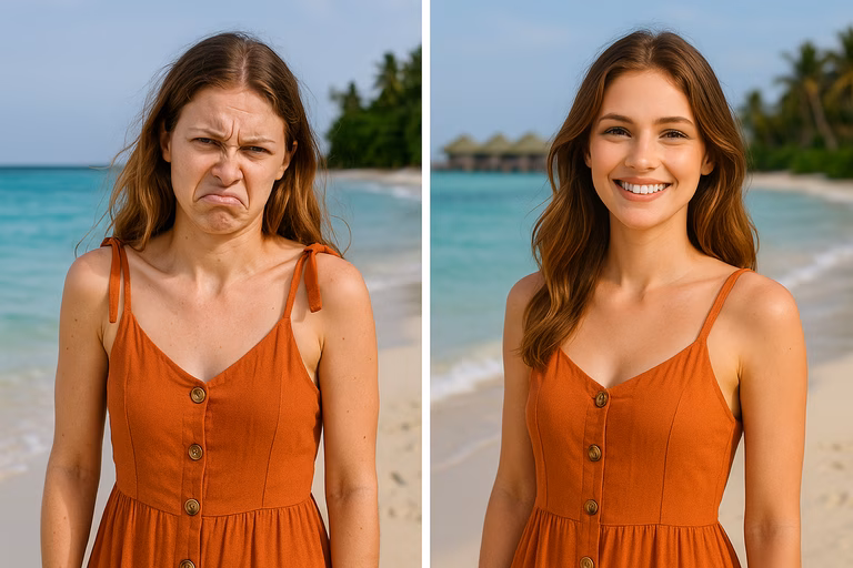 Comparison of two photos of the same woman on a beach — on the left with an unsuccessful expression, on the right an AI-generated portrait corrected with perfect facial expression