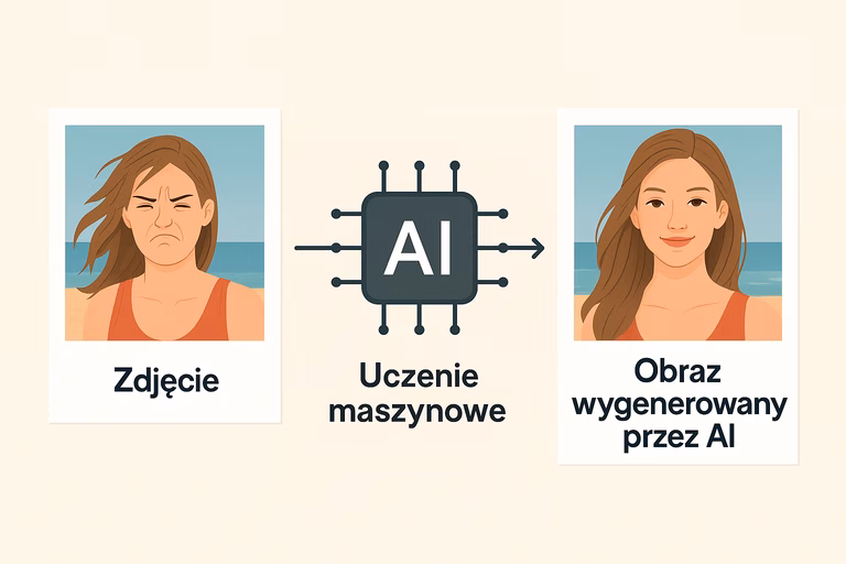 Infographic showing the process where artificial intelligence transforms a failed photo of a woman into a successful portrait using machine learning