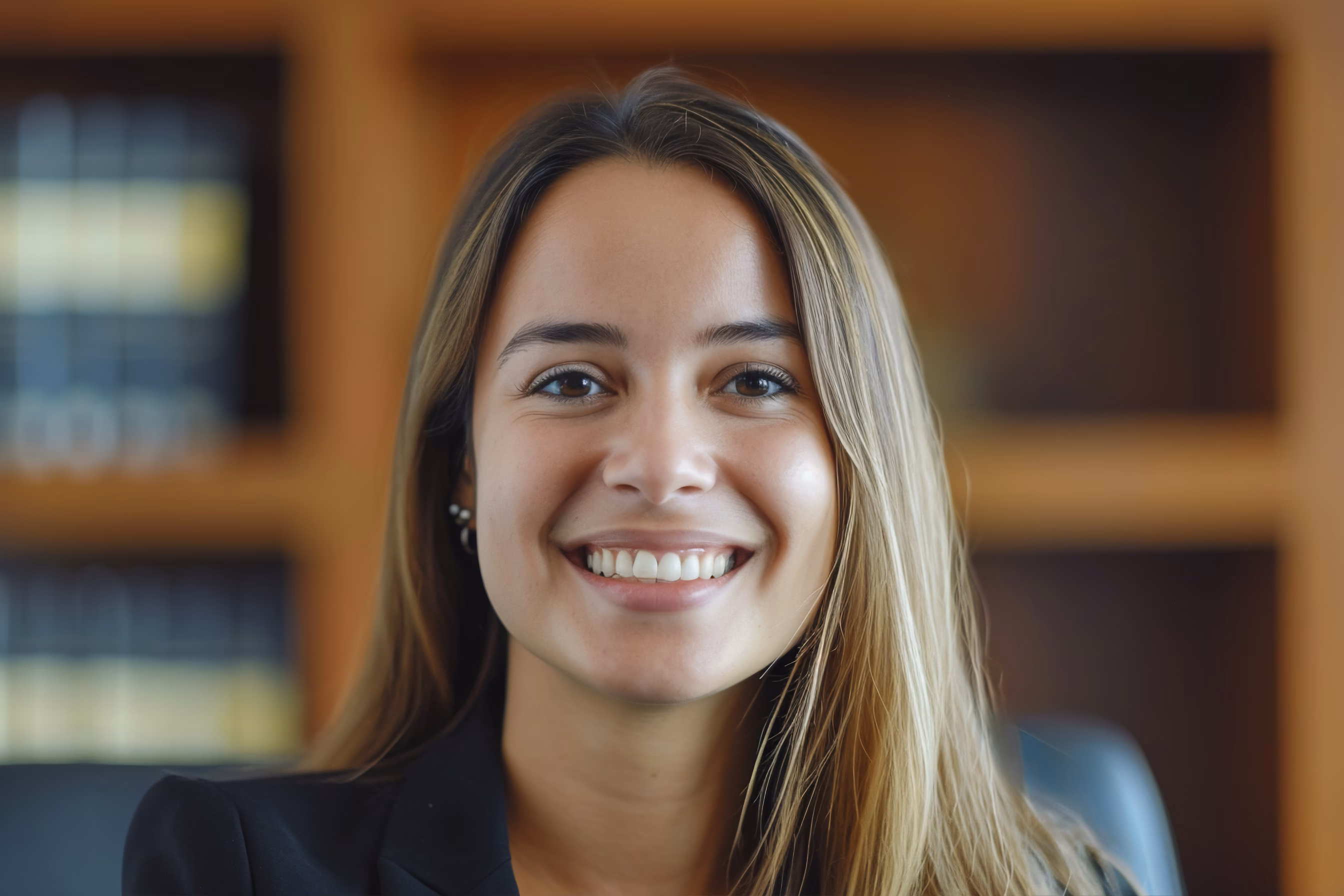 Smiling woman in a blazer against a bookshelf background; professional portrait photo for CV or LinkedIn profile.