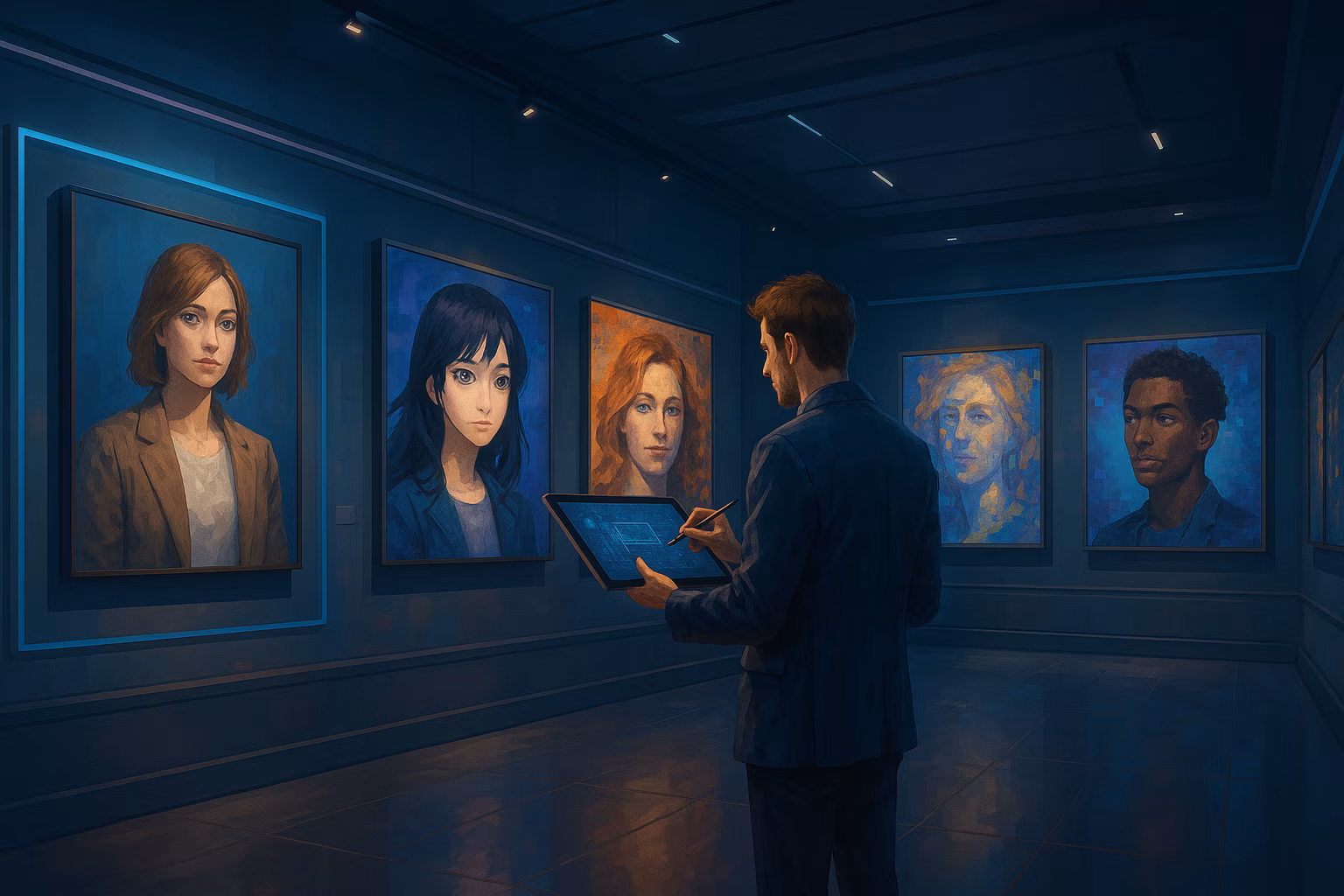 Artysta z tabletem cyfrowym tworzy portrety generowane przez sztuczną inteligencję w futurystycznej galerii, otoczony obrazami w różnych stylach artystycznych.