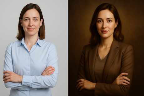 on the left an ordinary photo of a woman, on the right a photo of a woman generated by AI