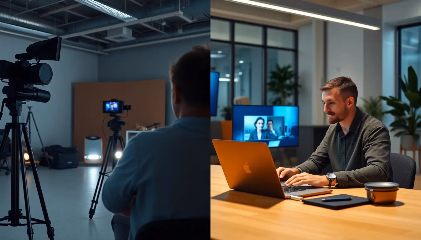 Comparison between traditional video production setup with full crew and modern AI-powered video generation on laptop
