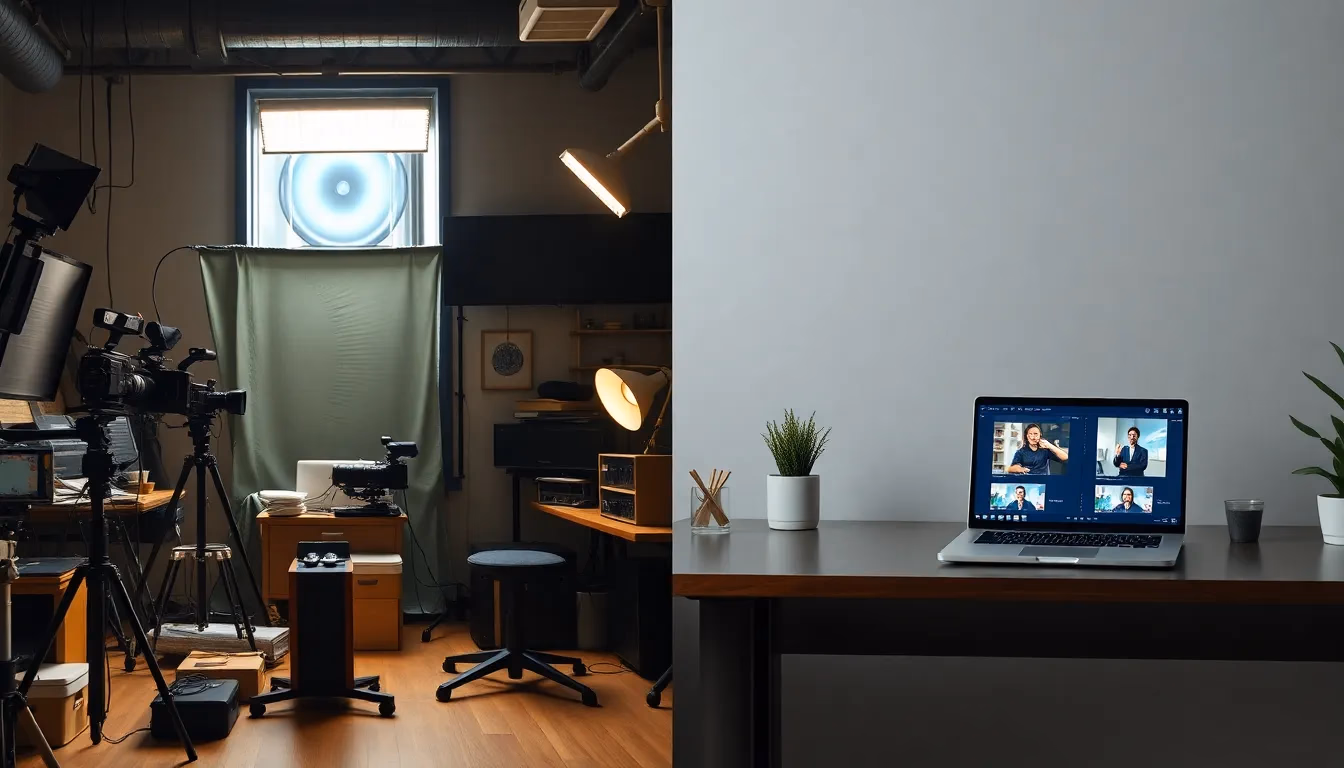 Comparación lado a lado de configuración tradicional de producción de video versus generación moderna de video impulsada por IA en una laptop