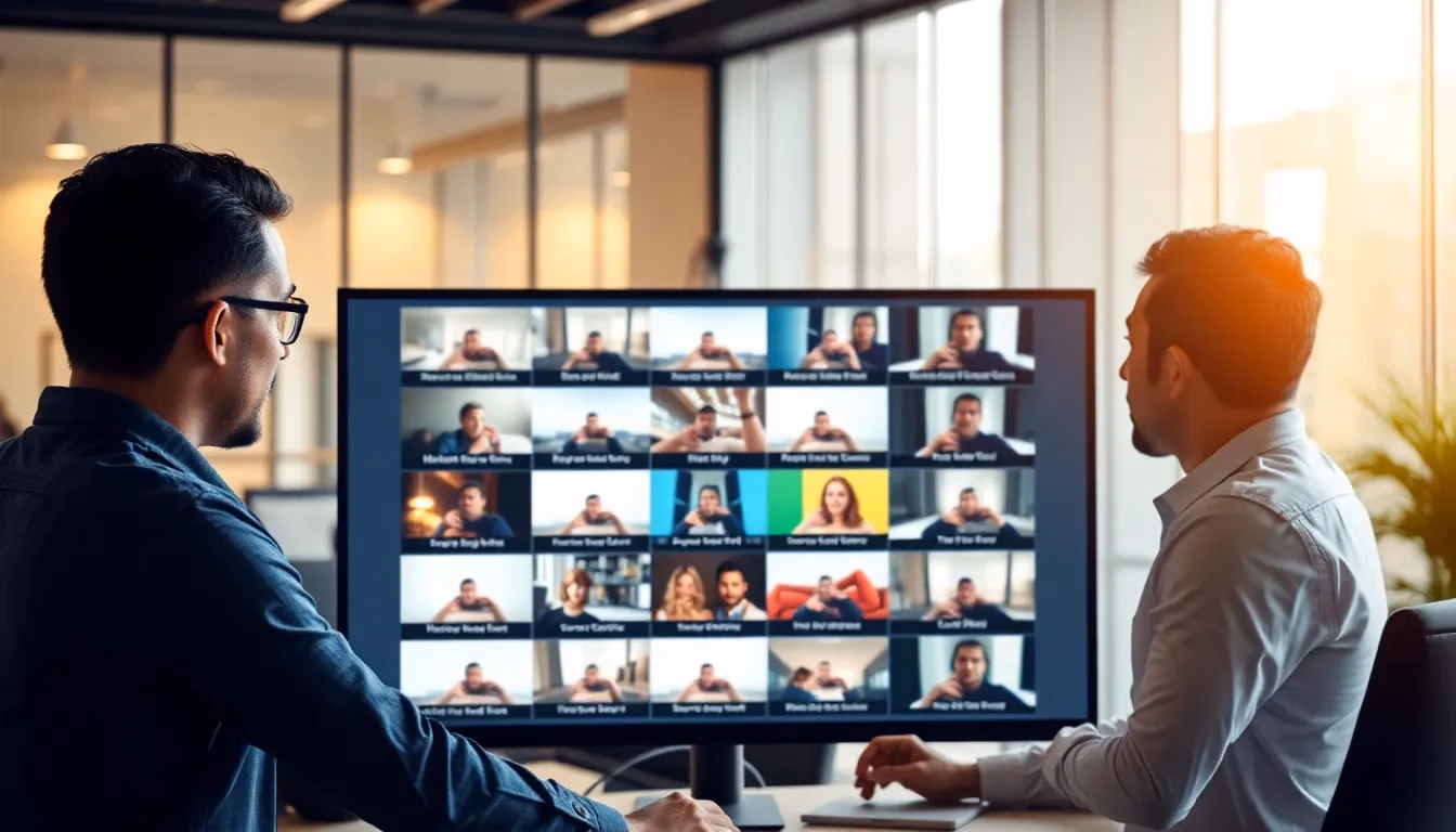 Equipo de marketing revisando múltiples variaciones de anuncios en video generados por IA en una pantalla grande