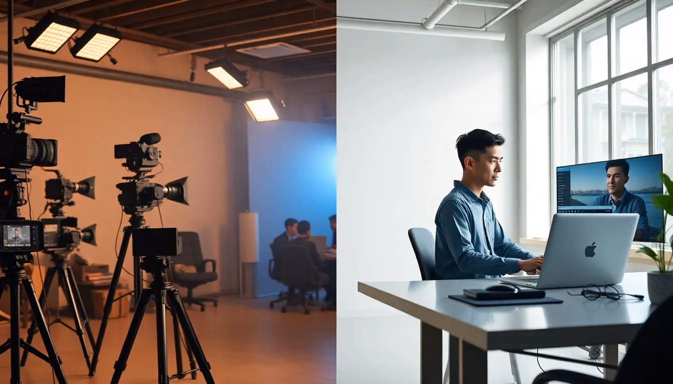 Comparación dividida entre producción de video tradicional con equipo completo y generación de video impulsada por IA en laptop