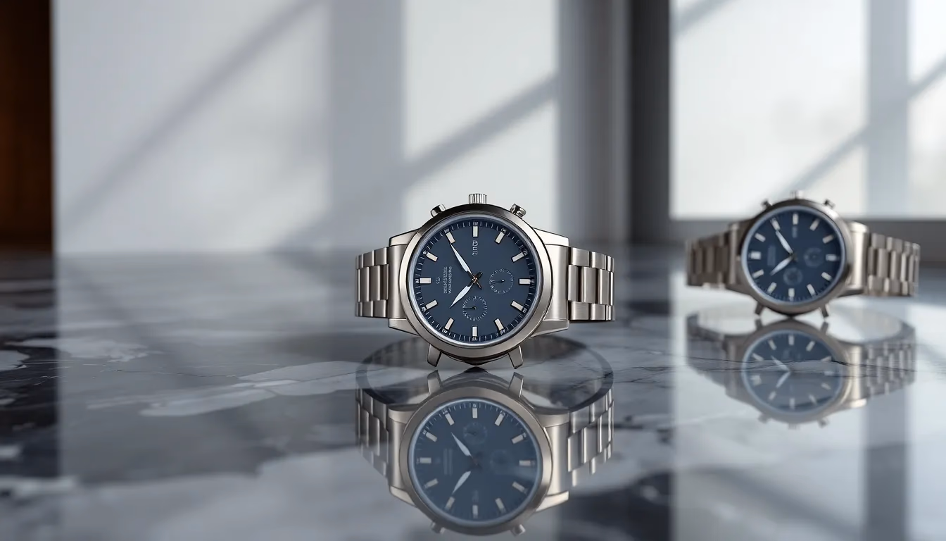 AI-генерована фотографія товарів, що показує люксусний годинник з множинних кутів з професійним освітленням