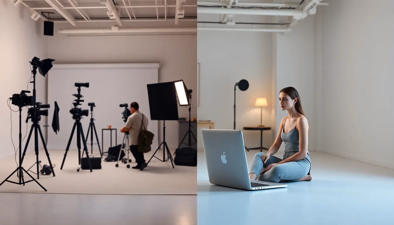 Comparison between traditional fashion photography studio setup and AI-powered model photo generation on laptop