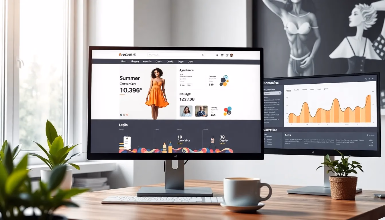 E-commerce product page featuring AI model photo with conversion analytics displayed on adjacent screen