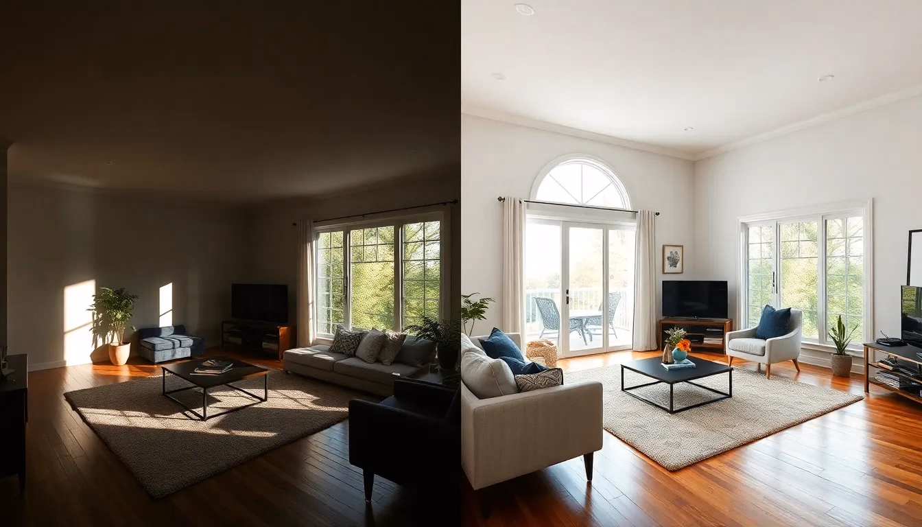 Before and after comparison of AI-enhanced real estate living room photography showing dramatic improvement in lighting and staging
