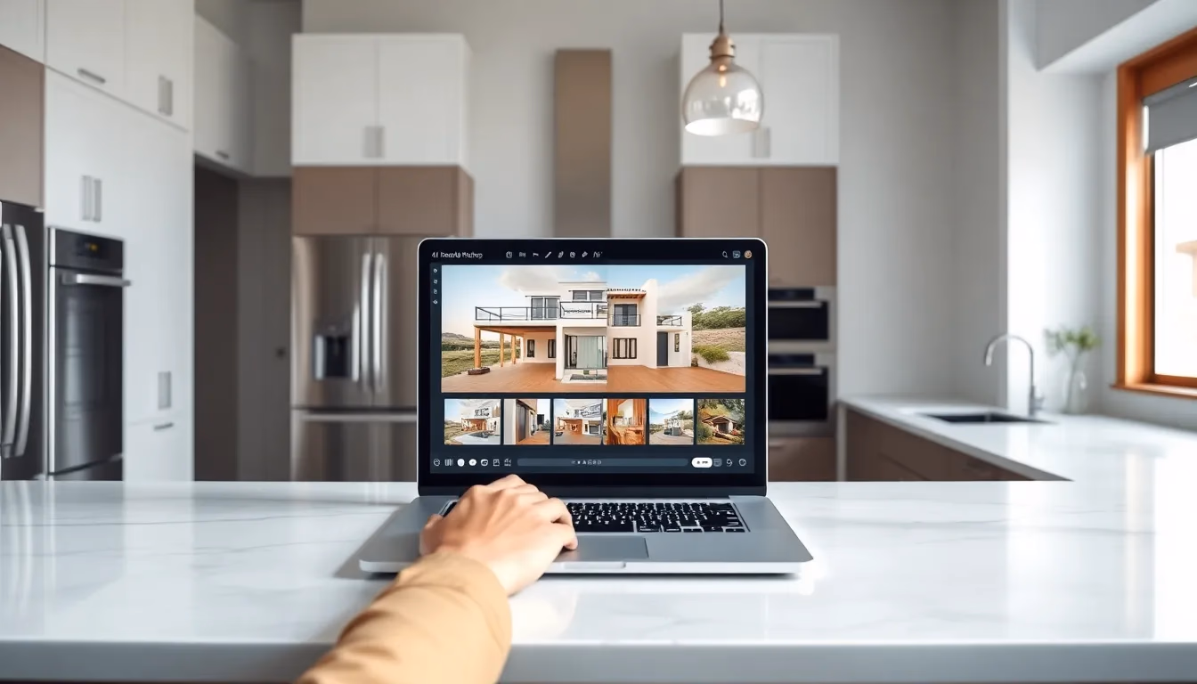 Real estate professional using AI software to enhance property kitchen photos on laptop