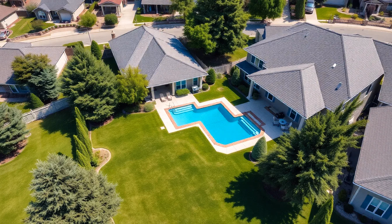 AI-enhanced aerial drone photography of residential property showcasing backyard and pool area