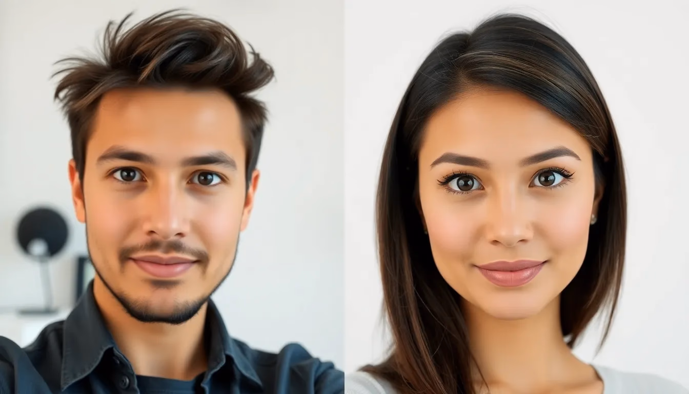 Before and after comparison showing transformation from casual selfie to professional AI-generated headshot with improved lighting and background