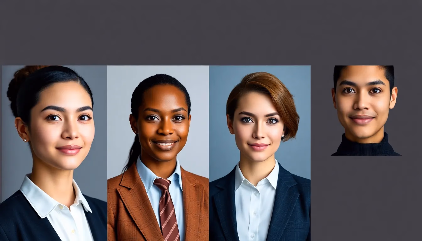 Collection of diverse AI-generated professional headshots demonstrating consistent quality across different people and styles