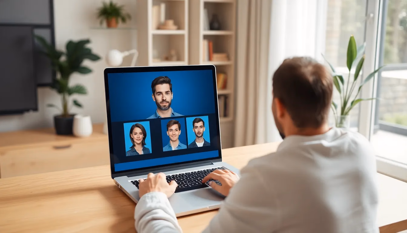 Person reviewing multiple AI-generated avatar options on laptop screen in modern home office setting