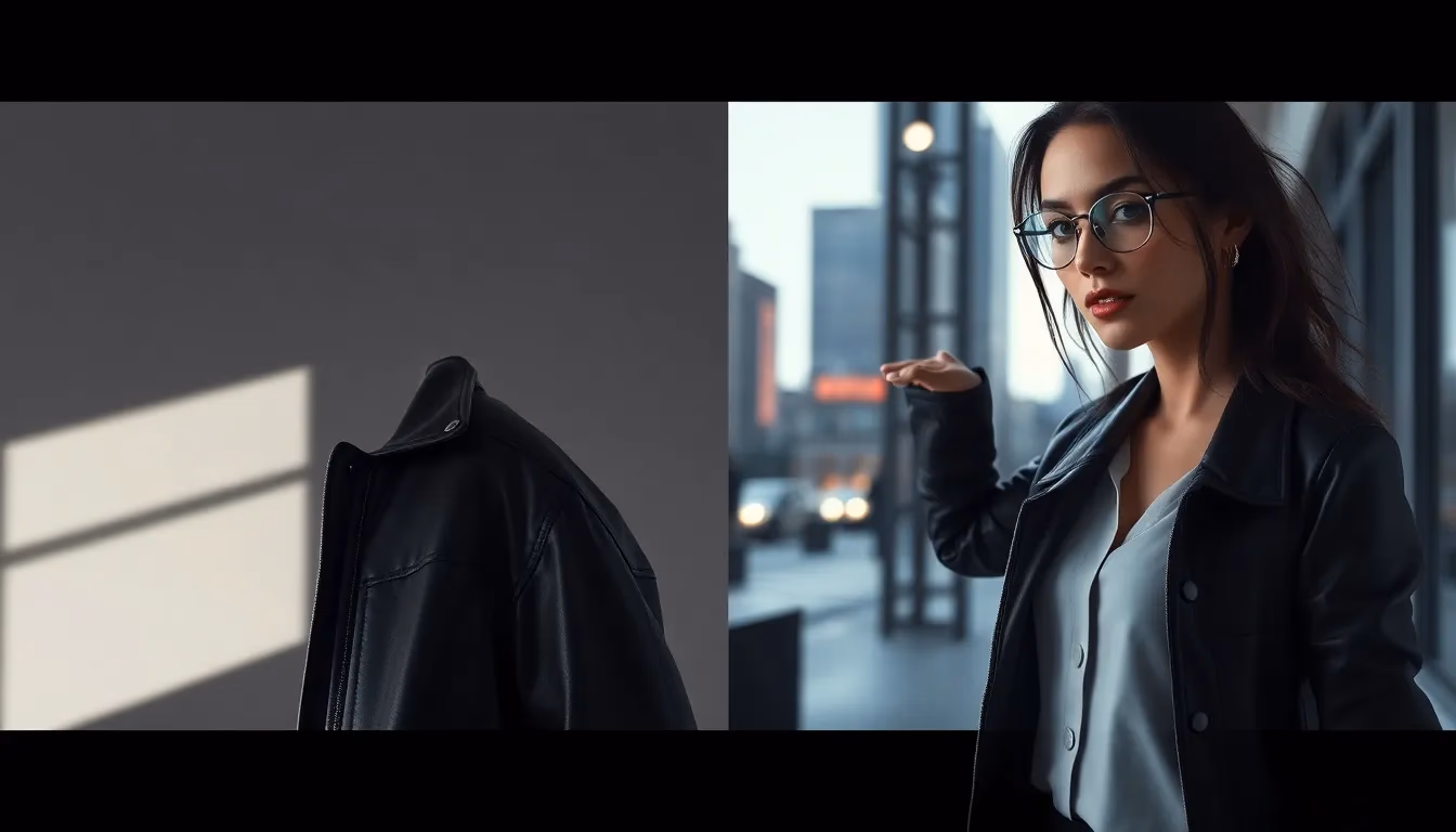 Before and after comparison showing transformation from basic product photo to AI-generated editorial fashion image with professional styling and backdrop