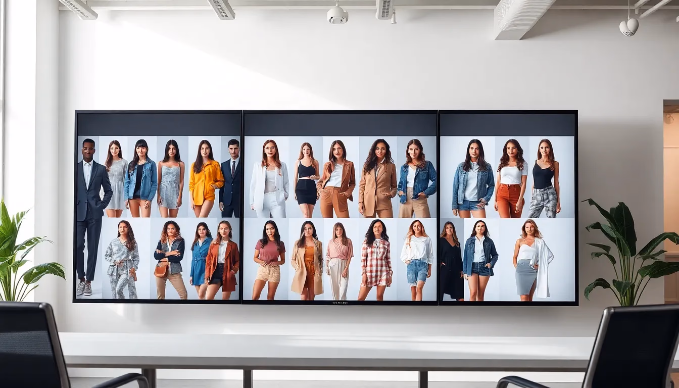 Monitor displaying diverse AI-generated fashion model photos showing various ethnicities and body types wearing the same clothing item