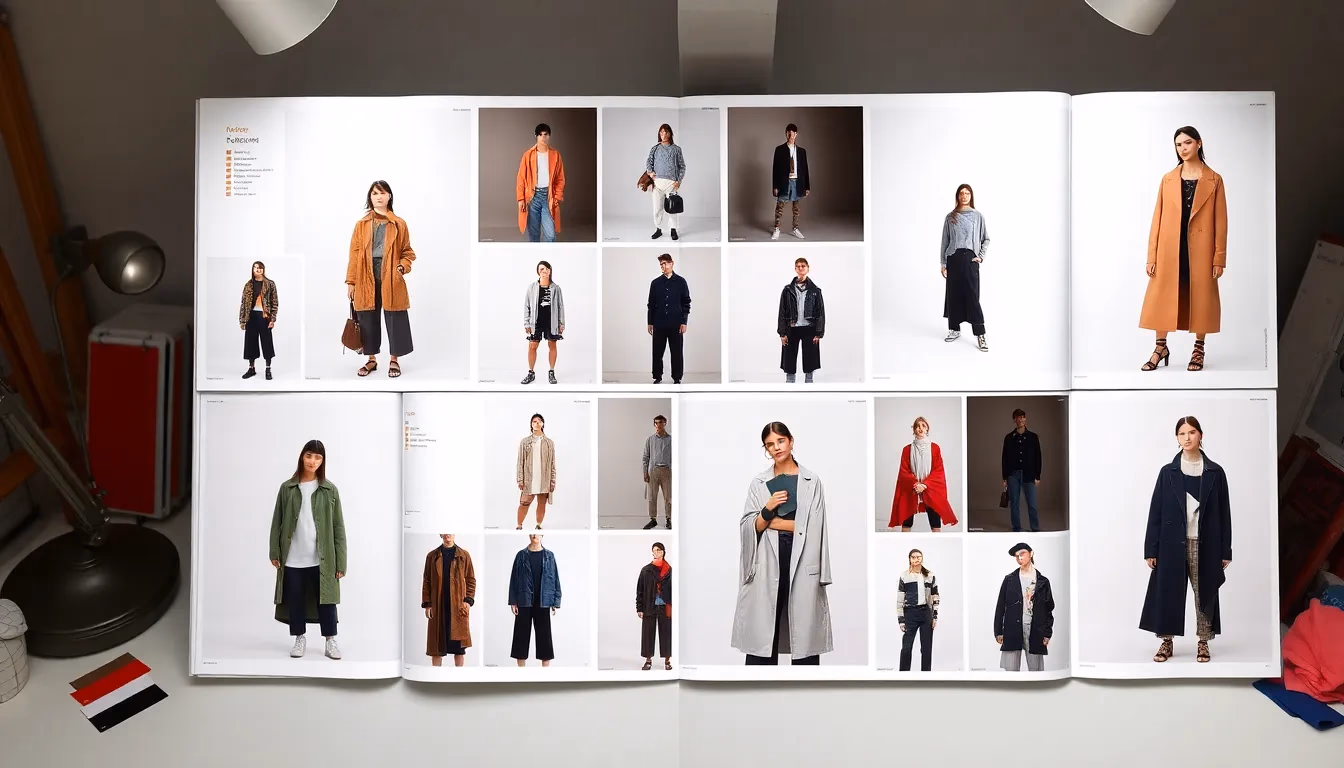 Fashion lookbook spread featuring multiple AI-generated editorial images with consistent styling displayed on designer workspace