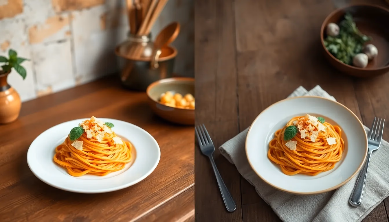 Comparação antes e depois mostrando transformação de foto básica de macarrão para fotografia profissional de comida aprimorada por IA com estilização e iluminação adequada