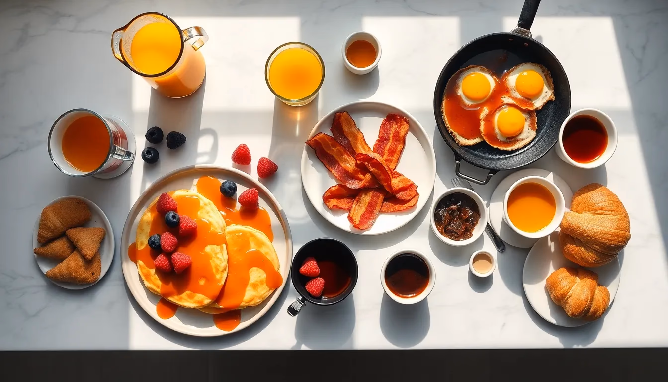Fotografia de café da manhã estilo flat-lay vista de cima mostrando panquecas, bacon, ovos e pastéis frescos com iluminação natural matinal