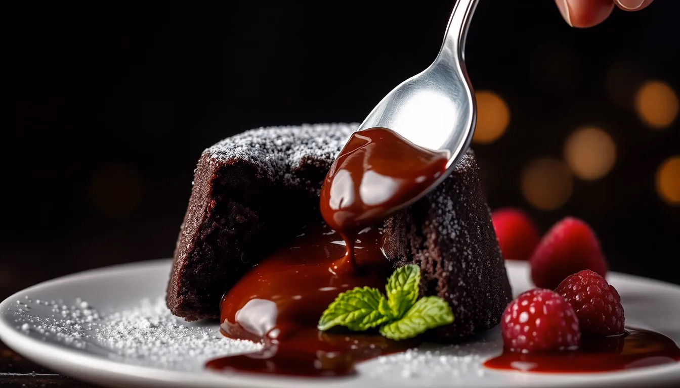 Foto macro em close-up de bolo de chocolate com centro derretido escorrendo, fotografia profissional de sobremesa com iluminação dramática