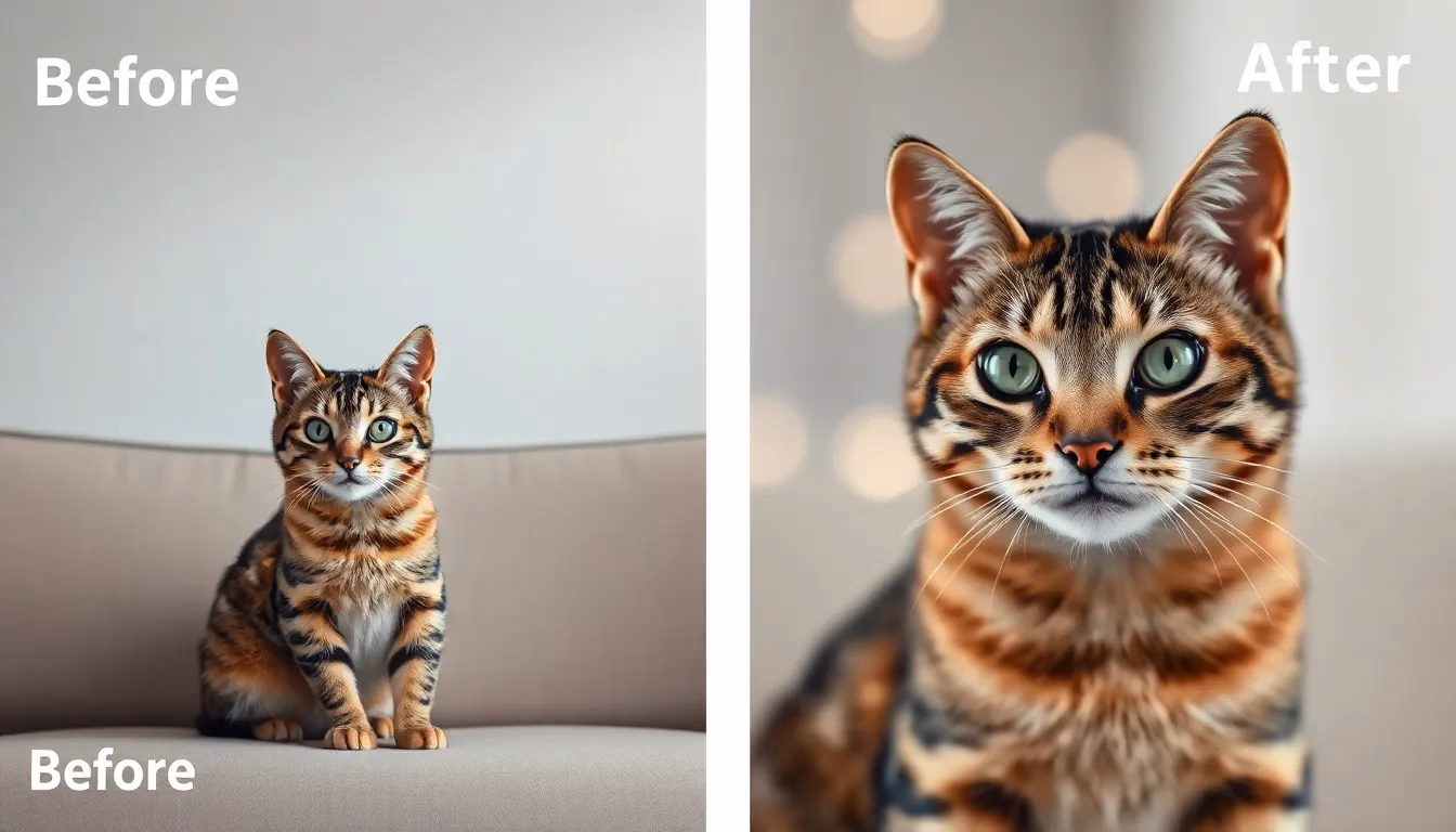 Comparação antes e depois mostrando transformação de foto básica de gato com smartphone em retrato profissional de animal estimação aprimorado com IA, iluminação de estúdio e fundo artístico