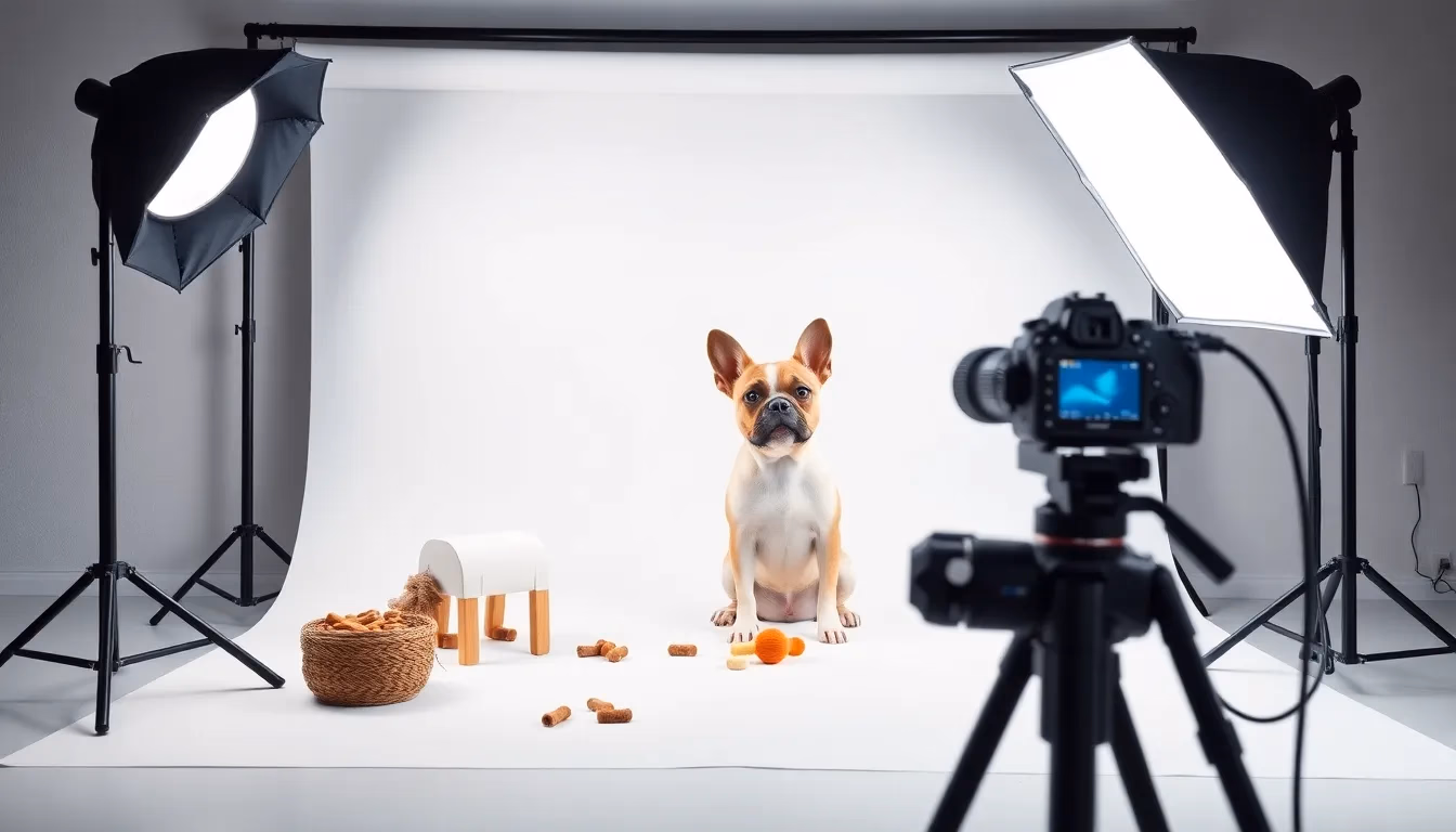 Configuração profissional de estúdio de fotografia de animais com filhote de bulldog francês demonstrando arranjo ideal de iluminação e equipamento para retratos de animais aprimorados com IA
