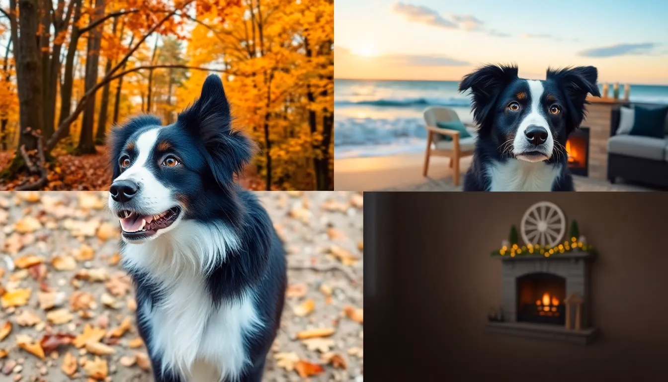 Border collie mostrado em quatro fundos sazonais diferentes gerados por IA demonstrando a versatilidade da fotografia de animais com IA para criar estilos de retrato variados
