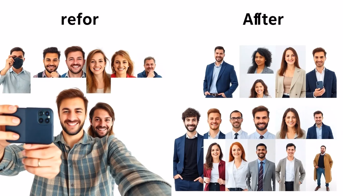 Comparación antes y después mostrando selfies casuales transformados en retratos profesionales generados por IA a través del entrenamiento de modelos personalizados