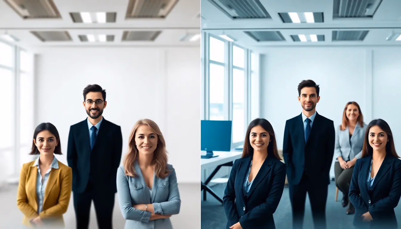 Comparison of inconsistent traditional employee headshots versus unified AI-generated professional team photos with matching backgrounds and lighting