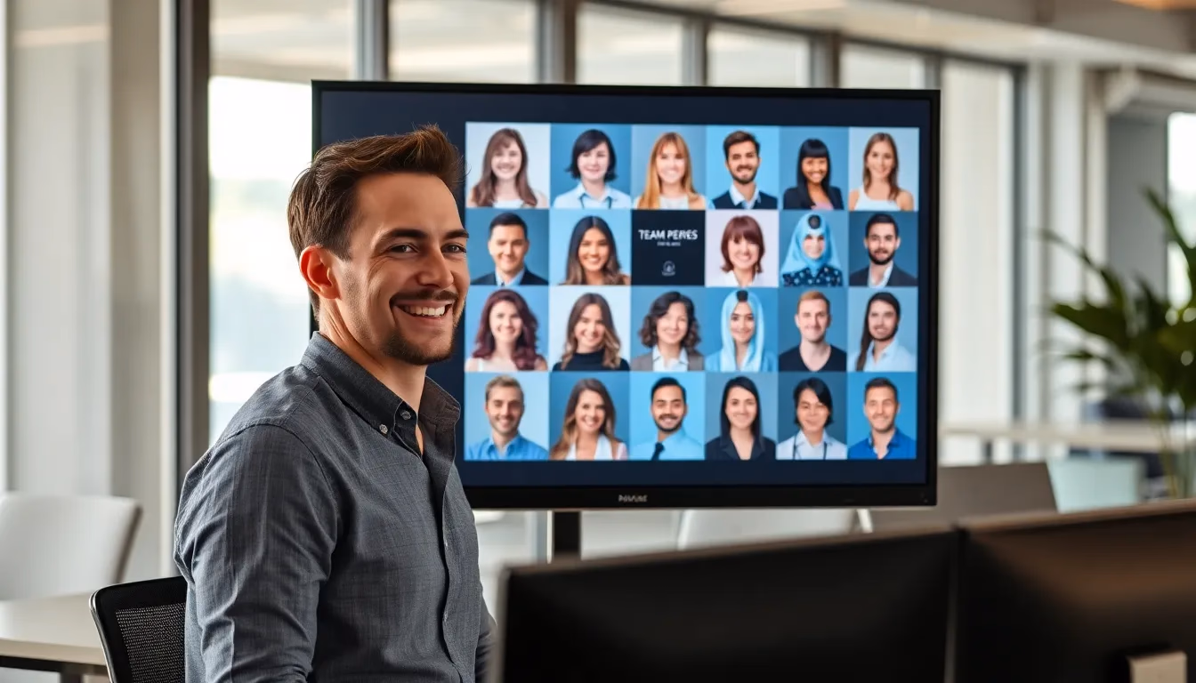 Professional reviewing AI-generated business team photos on computer screen showing consistent corporate headshot grid