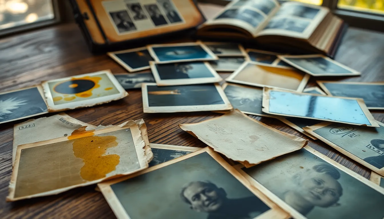 Коллекция поврежденных винтажных фотографий, демонстрирующих распространенную деградацию, включая водяные пятна, пожелтение, разрывы и выцветание, разложенные на деревянной поверхности