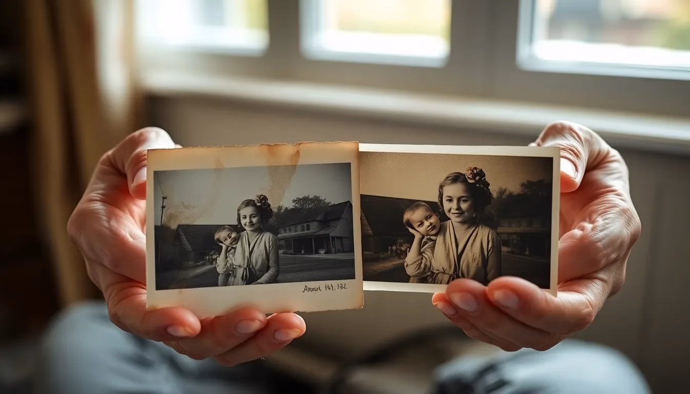 Руки літньої людини, що порівнюють оригінальну чорно-білу фотографію з розфарбованою версією AI, яка показує драматичну трансформацію