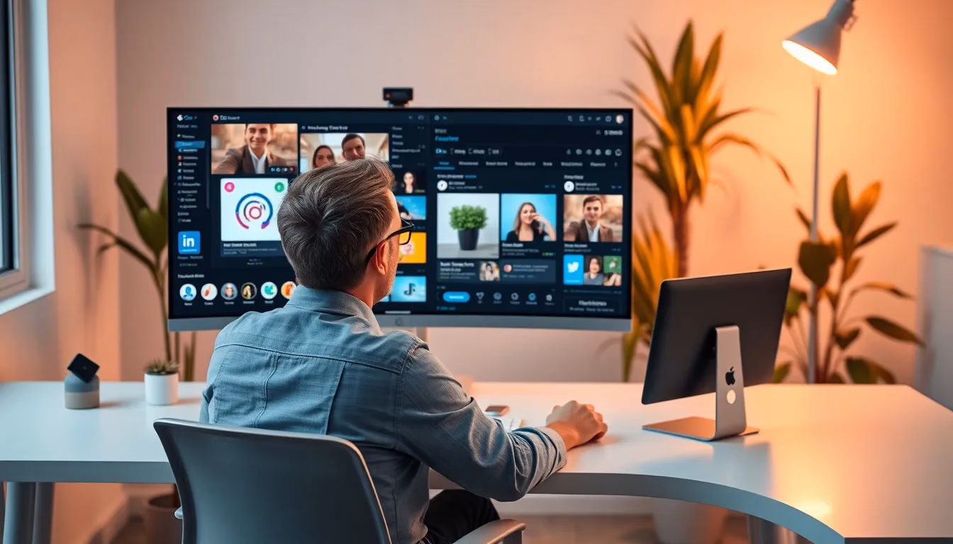 Content creator reviewing AI-generated visuals across multiple social media platforms on desktop monitor