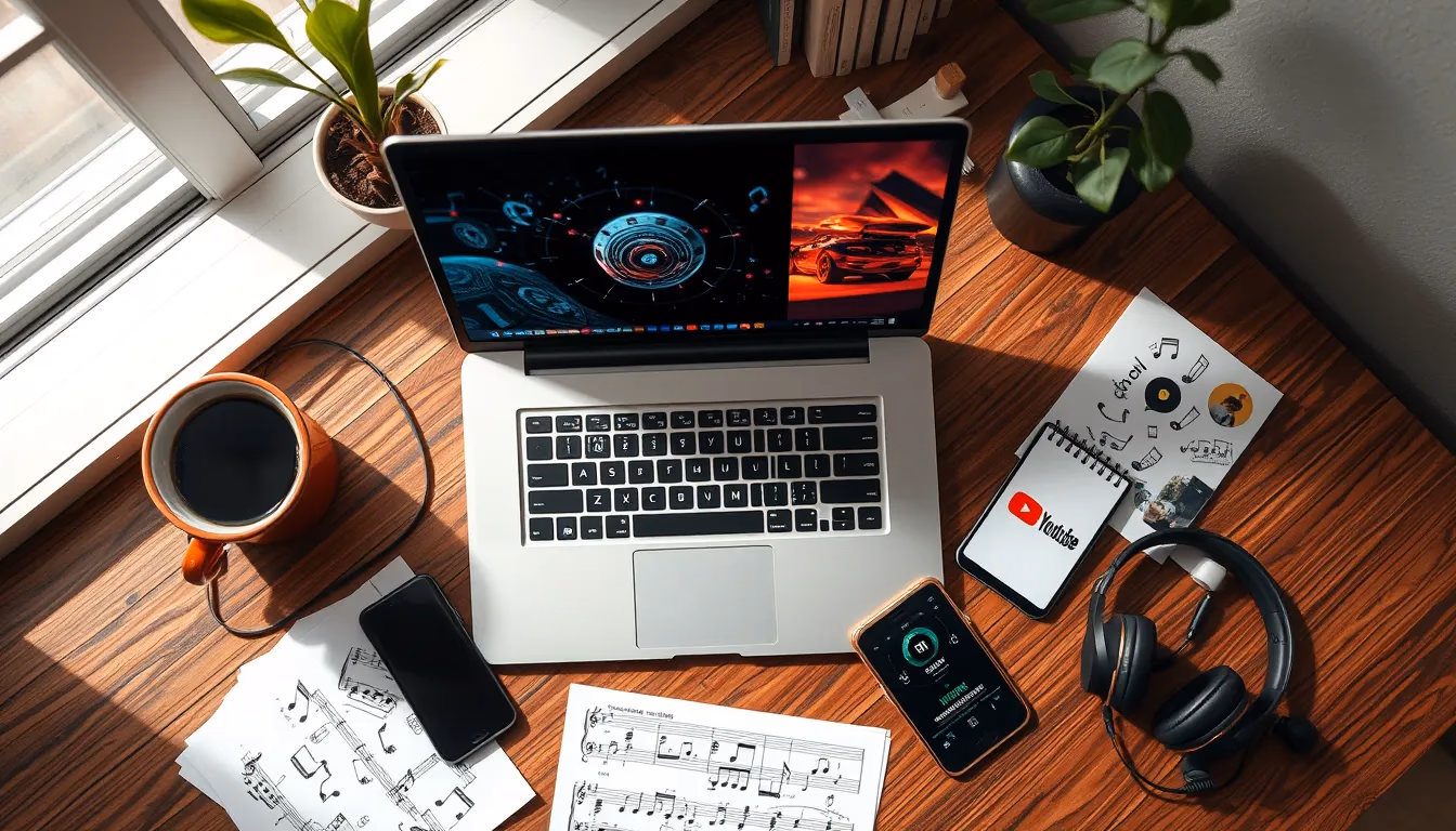 Configurazione dello spazio di lavoro creativo per la produzione di contenuti video musicali su YouTube usando strumenti IA e risorse digitali